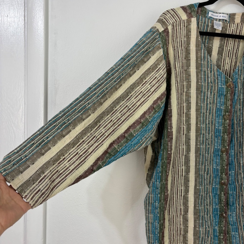 Guazy Striped Boho Lagenlook Blouse Textured Coastal Button Up Top Women 4X - Picture 6 of 9